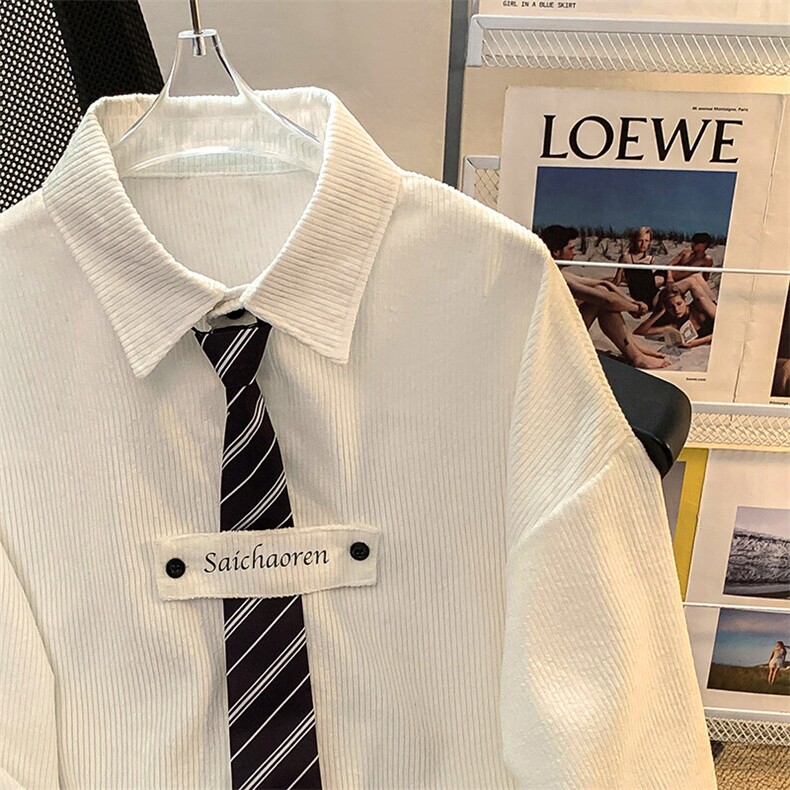 2025春季新款灯芯绒衬衫长袖衬衣配领带男女班服大码W8538-P42,男装衬衫,星座512-4
