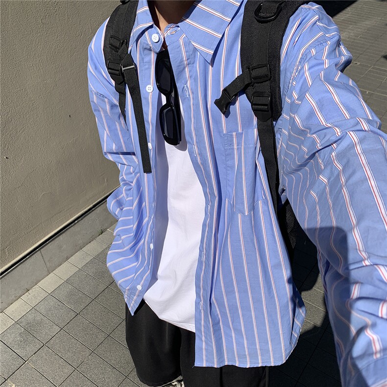 B413-1-DX846纯棉条纹长袖衬衫男女同款衬衣港风宽松上衣控79,男装衬衫,电商B413-1