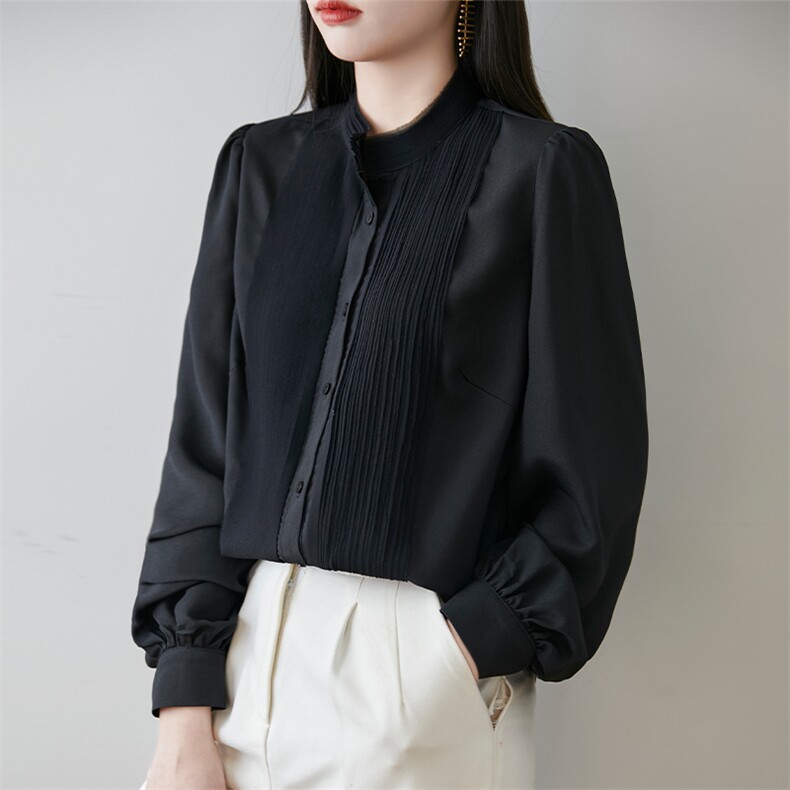 时尚风琴褶灯笼袖圆领开衫上衣2025早春款微透视减龄百搭衬衣，女装衬衫，优麦羊绒（原洪叶羊绒）