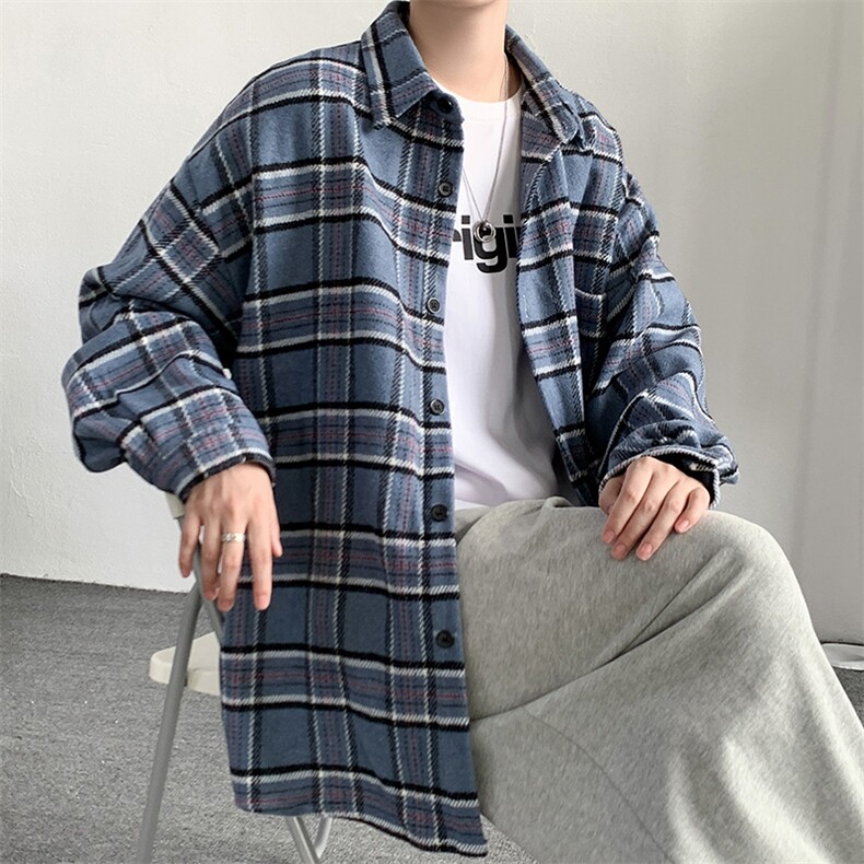 格子衬衫男韩版潮流秋季加厚毛呢衬衣港风痞帅潮牌外套DX128P65，男装衬衫，电商B413-1