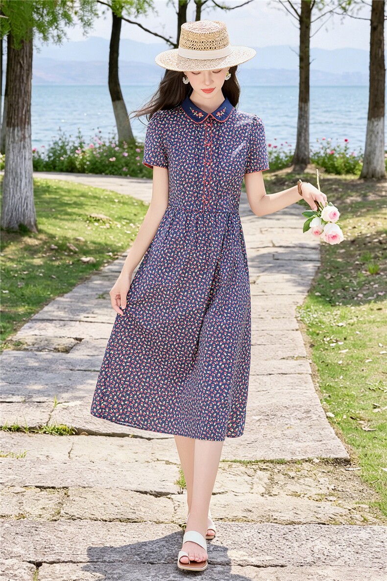田园风碎花刺绣连衣裙女春夏收腰显瘦中长裙（细节图颜色为准）,女装连衣裙,水衣源