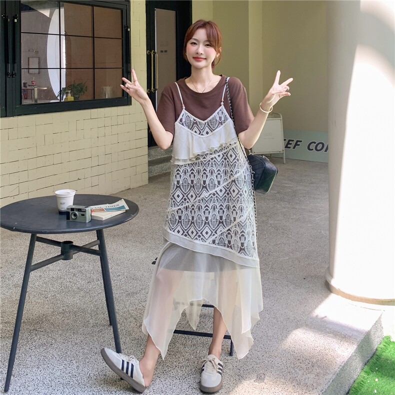 独特漂亮巨好看的连衣裙女夏季2025新款打底T恤裙吊带罩衫两件套,女装连衣裙,维壹
