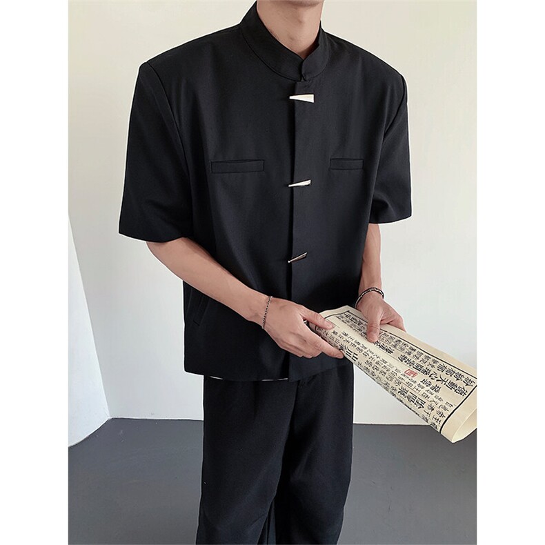 黑色新中式短款短袖夹克外套风立领垫肩设计感上衣男XF230P98图片