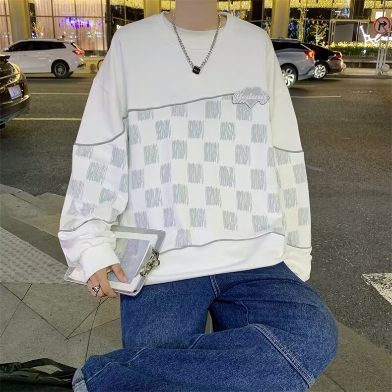 棋盘格休闲拼接卫衣男新款秋冬圆领百搭上衣潮牌ins外套2531-P35,女装短外套,星座1008-2