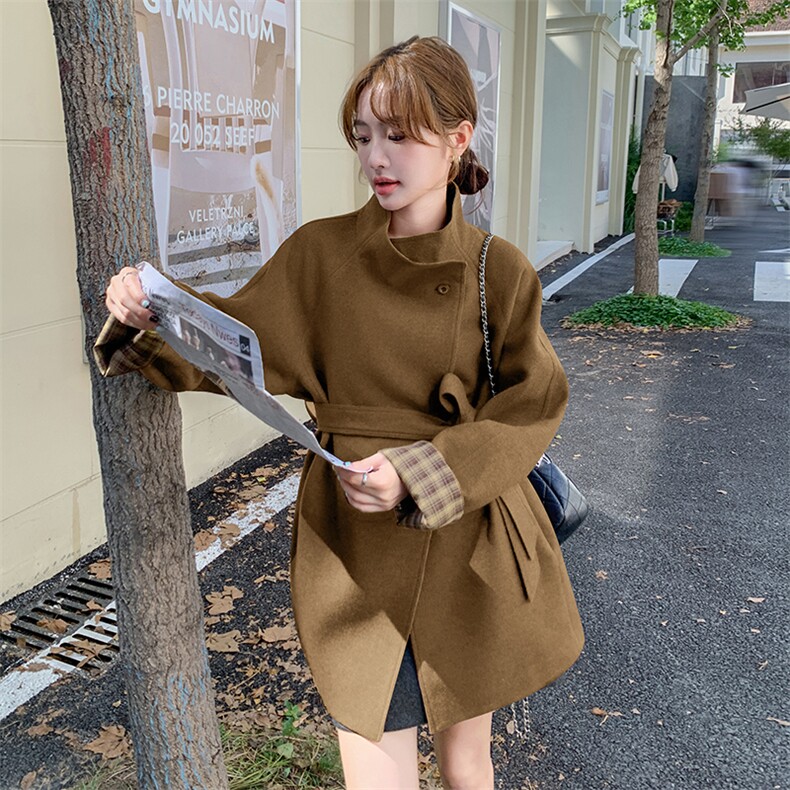 新款现货主推袖子拼色毛呢大衣9887-P175-K258,女装短外套,2C129