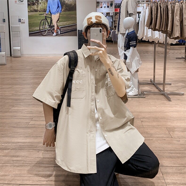 短袖衬衫日系风男女情侣装宽松防晒工装潮流青少年五分袖休闲衬衣,男装防晒衣,星座505-2（原电商A260-1)