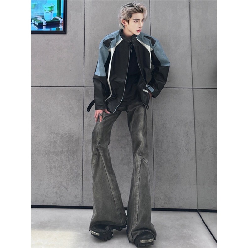 高街美式复古水洗做旧拼接牛仔裤男宽松直筒拉链vibe微喇痞帅,男装牛仔裤,星座218-1（原230）