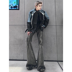 高街美式复古水洗做旧拼接牛仔裤男宽松直筒拉链vibe微喇痞帅，男装牛仔裤，星座218-1（原230）