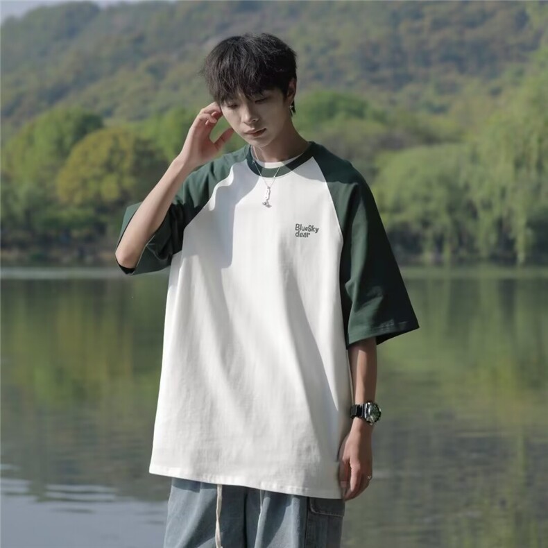 夏季港风日系cityboy短袖t恤男生潮牌撞色宽松百搭情侣五分袖体恤,男装T恤,四季星座505
