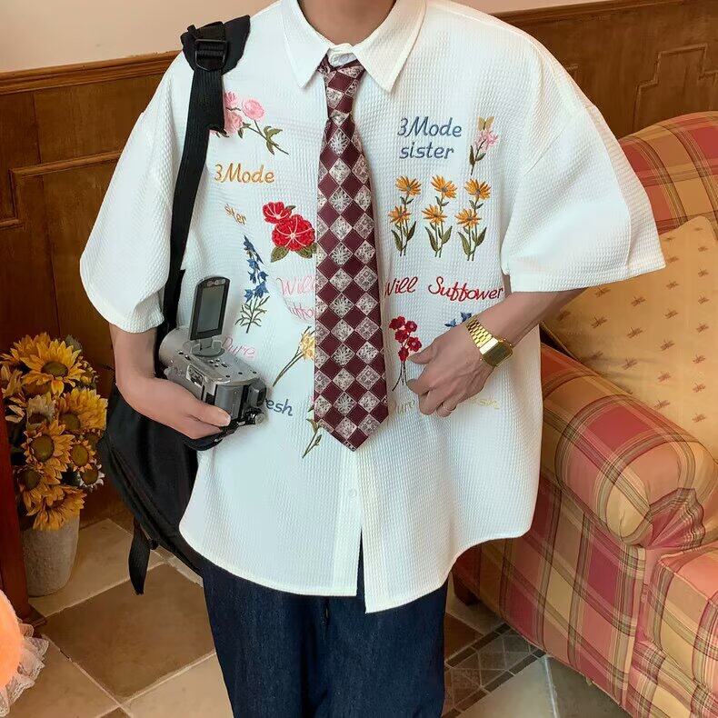 2025美式重磅彩色花卉刺绣短袖衬衫男女夏季街头痞帅宽松休闲衬衣,男装衬衫,星座506A