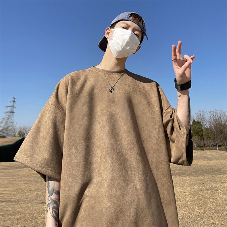 抖音得物直播高品质二开240克美式高街麂皮绒光版纯色短袖t恤12.5,男装T恤,电商A486
