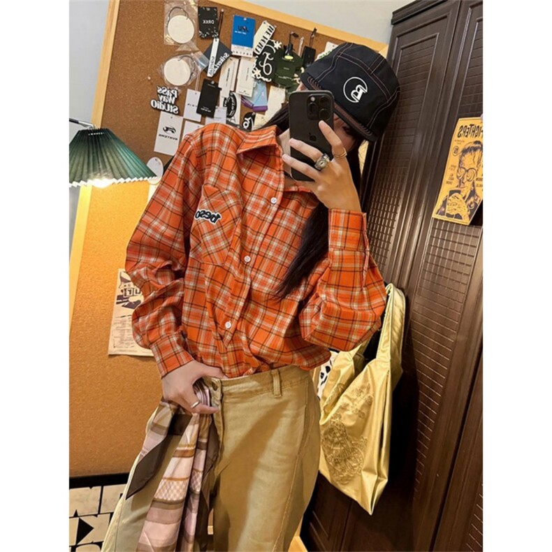 橙色格子衬衫美式刺绣外套 C9812-P55图片