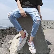 破洞牛仔裤男九分潮牌9分乞丐裤男装修身小脚裤子N624，男装牛仔裤，星座1116A-1（原606A）