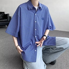 蓝色格子衬衫男短袖2026夏季日系复古街头青少年宽松休闲半袖，男装衬衫，星座218-1（原230）