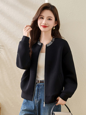 休闲珠片绣黑色外套女春季欧洲站大码上衣2025年新款时尚女装，女装短外套，美沁