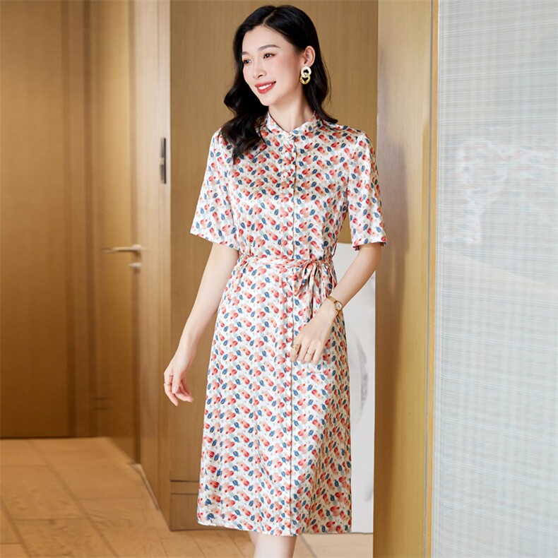 端庄大气碎花真丝连衣裙女中长款夏季2024新款超好看桑蚕丝裙子夏,女装连衣裙,阿舍尔精品