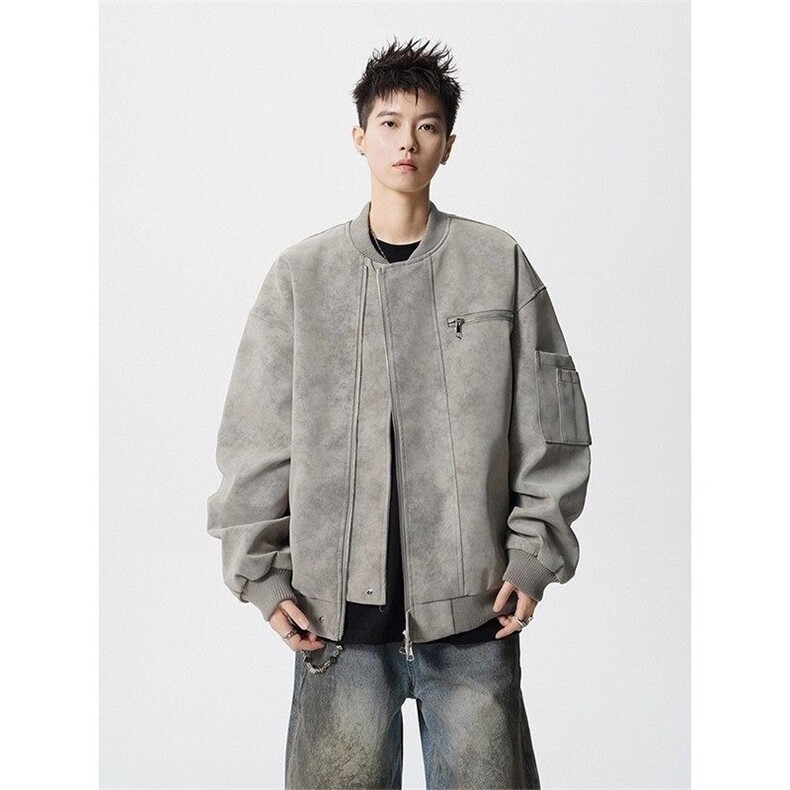 美式vintage棒球服男秋高街痞帅扎染皮夹克设计感短款工装外套潮图片