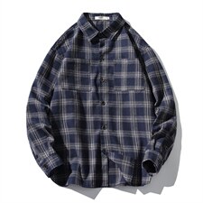 2021春季新无影墙日系大码男翻领宽松休闲格子衬衫C3002-P40，男装衬衫，电商A001