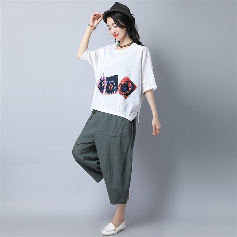 圆领T恤麻纽扣贴布2021年夏季文艺宽松五分袖韩版街头气质时尚,女装T恤,独衣靓