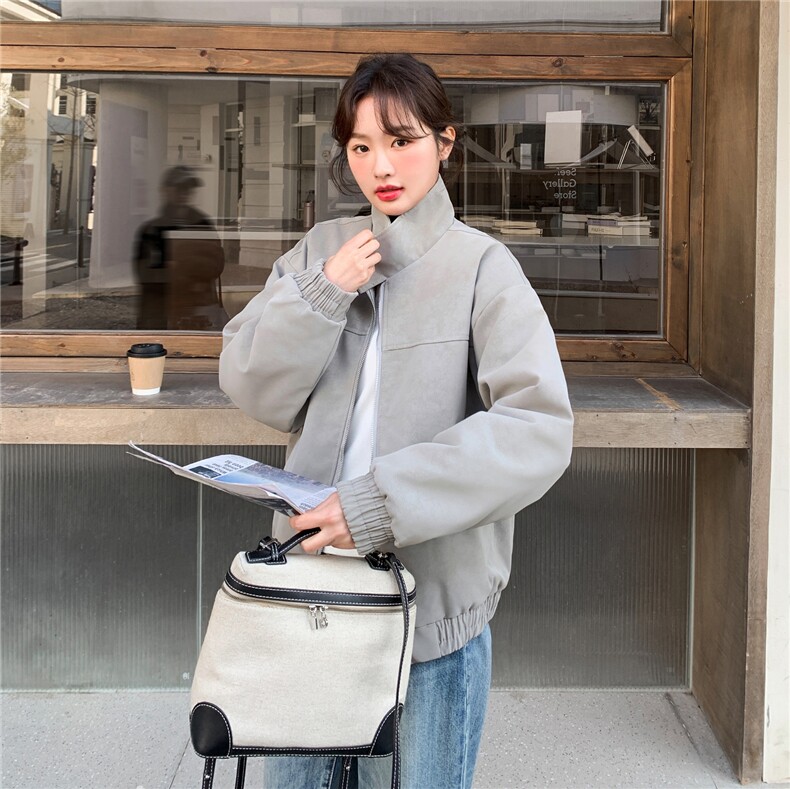 黑色韩版宽松休闲立领外套女2026年春季新款学院风小个子减龄夹克,女装短外套,2D036