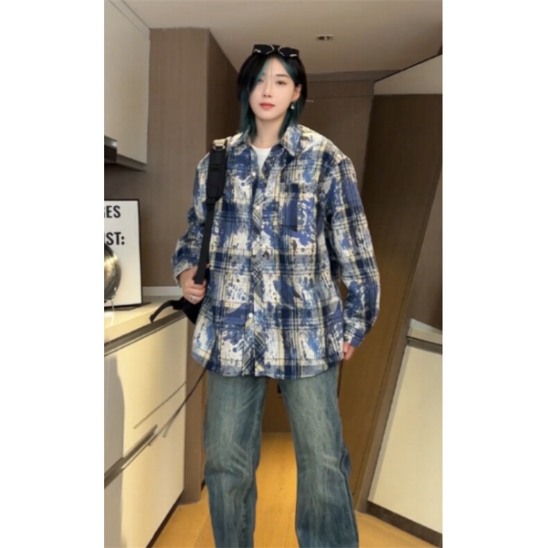 特批25港风格子衬衫印染渐变宽松外套格子外套CS2498,男装衬衫,电商A128