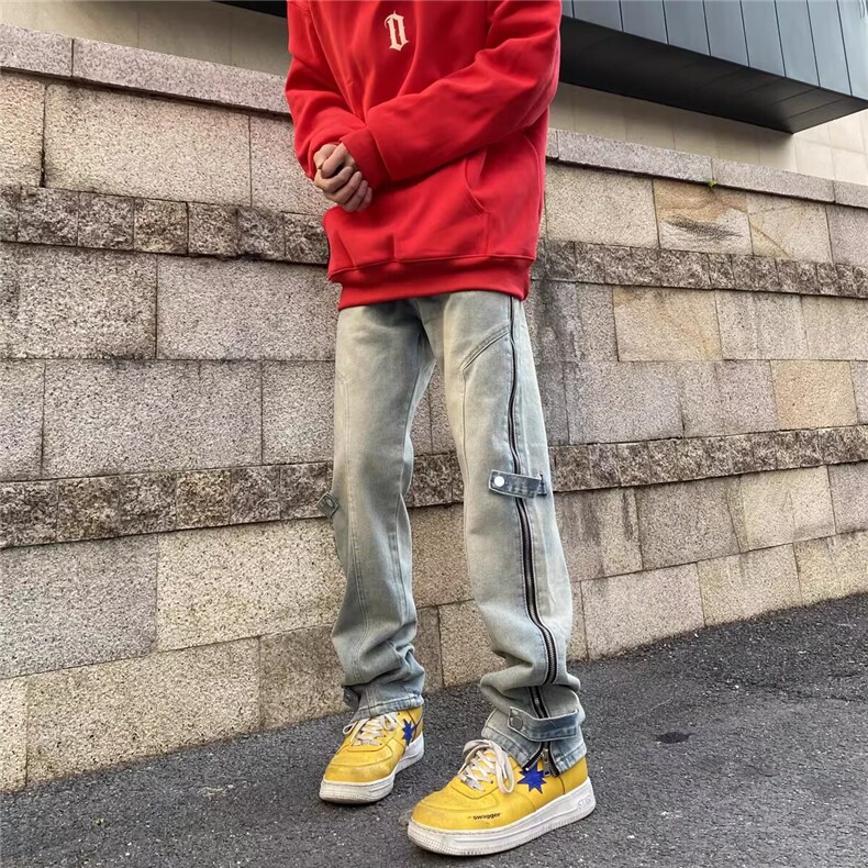 高街排扣黄泥牛仔裤侧拉链男美式潮牌宽松直筒水洗开叉长裤图片
