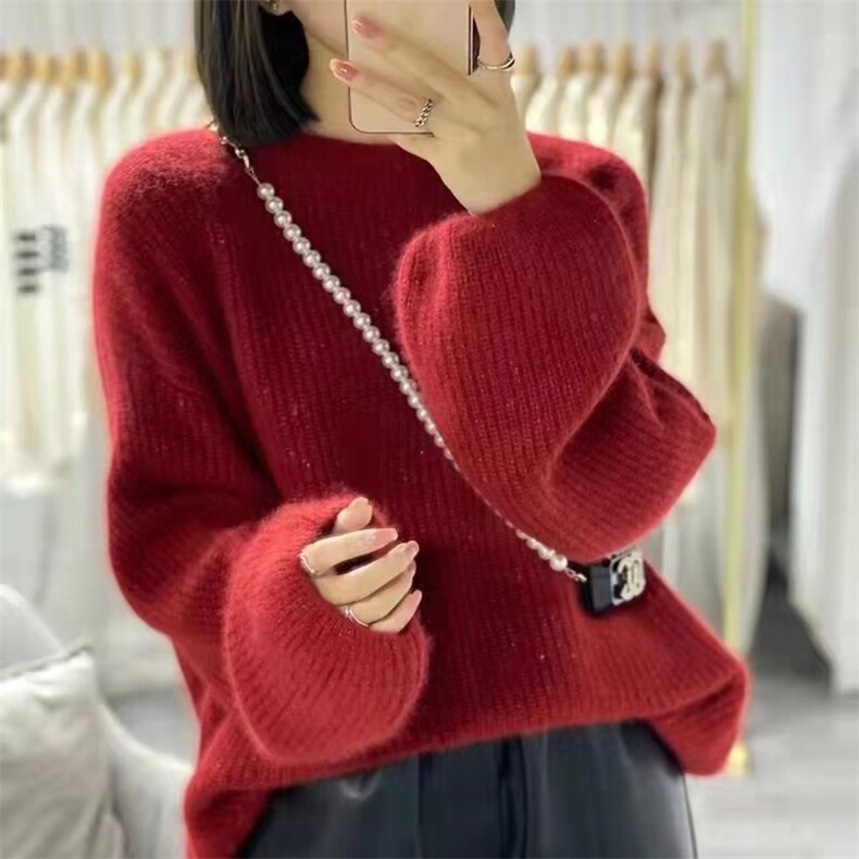 洋气圆领灯笼袖针织衫女秋冬韩版慵懒宽松羊毛打底衫套头毛衣,针织衫/毛衣,圣旺供货