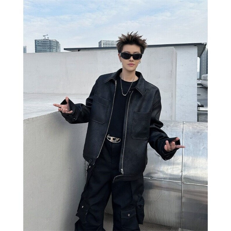 美式复古猎装皮衣外套男女冻裂纹千鸟格垫肩短款夹克JK8563/P98,男装夹克,星座506