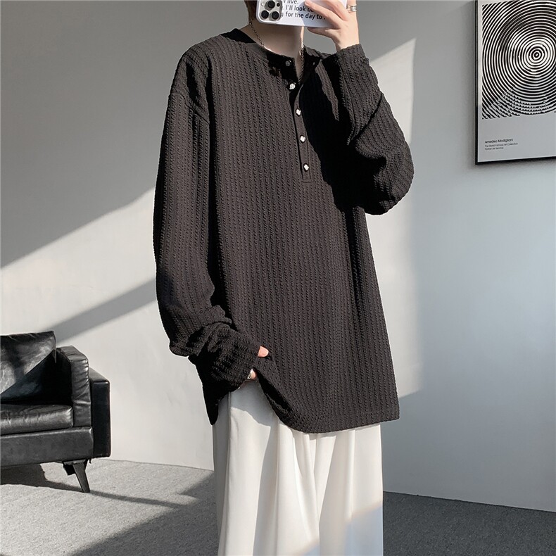 肌理感条纹长袖T恤大码纯色简约打底衫亨利领内搭上衣LT1002特P32，男装T恤，电商B215