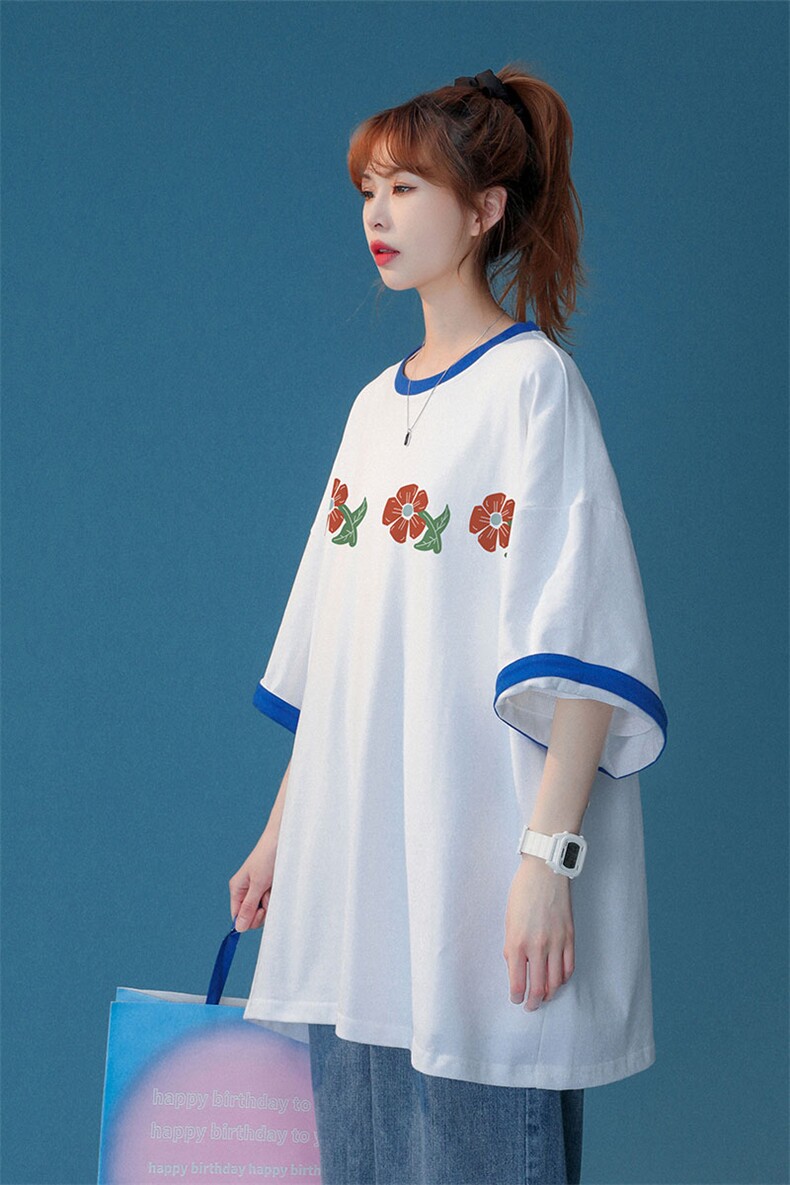 中性风2022夏季设计感字母花朵印花情侣圆领休闲T恤T261P35控58,女装T恤,A247A
