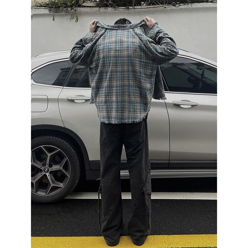 B221！美式ins高街暗黑小众毛边格子衬衫SY2320-P65控88,男装衬衫,电商B221