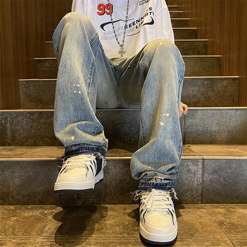 美式复古泼墨牛仔裤男春季宽松直筒裤子oversize痞帅水洗阔腿长裤,男装牛仔裤,星座410-7