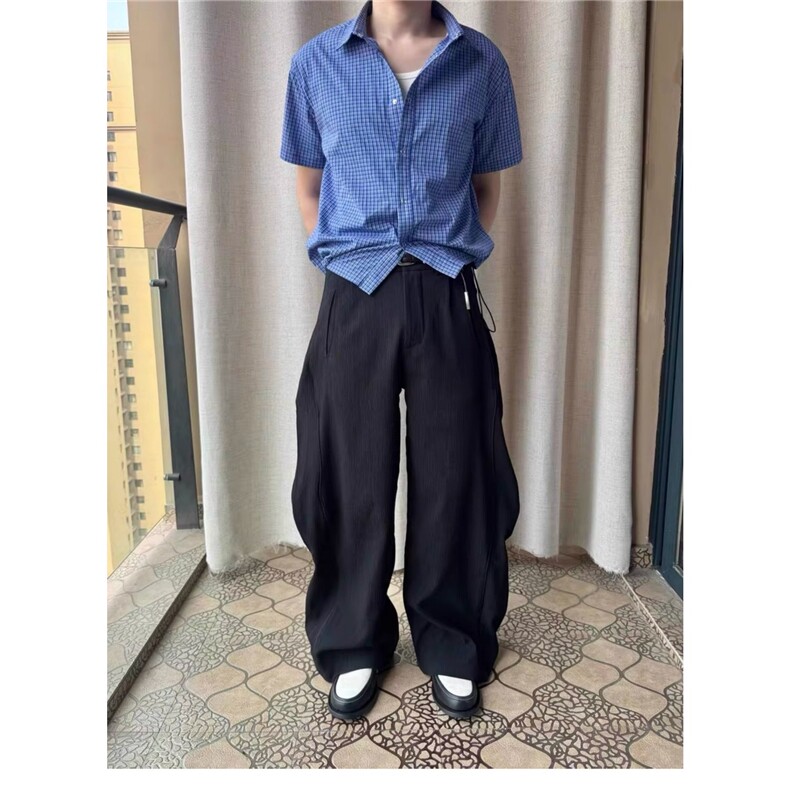 逃离光复南皇家蓝色格纹抽绳短袖衬衫男女短款miu系上衣CS2278,男装T恤,星座208-5