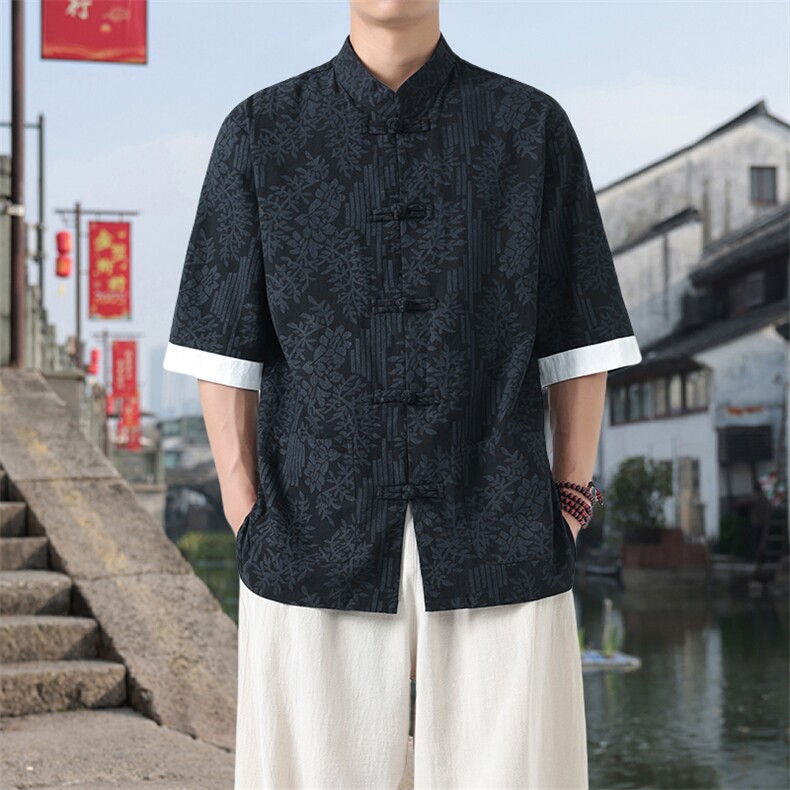 男士衬衫五分袖衬衣中袖印花立领唐装风 XZ1512-2555-P45图片