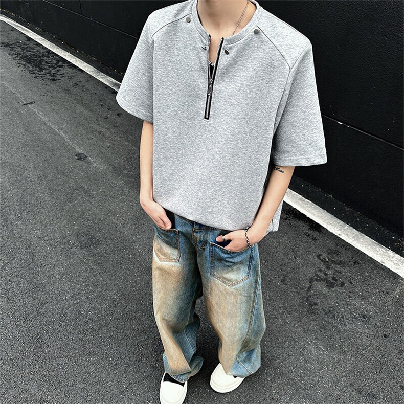 夏季亨利领半拉链小众设计垫肩短袖T恤男潮牌宽松A210A-TX20-P30，男装T恤，电商A210A