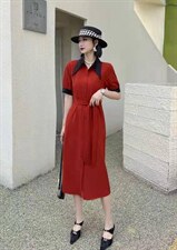 中式扣撞色连衣裙，女装连衣裙，迪蔓君翔