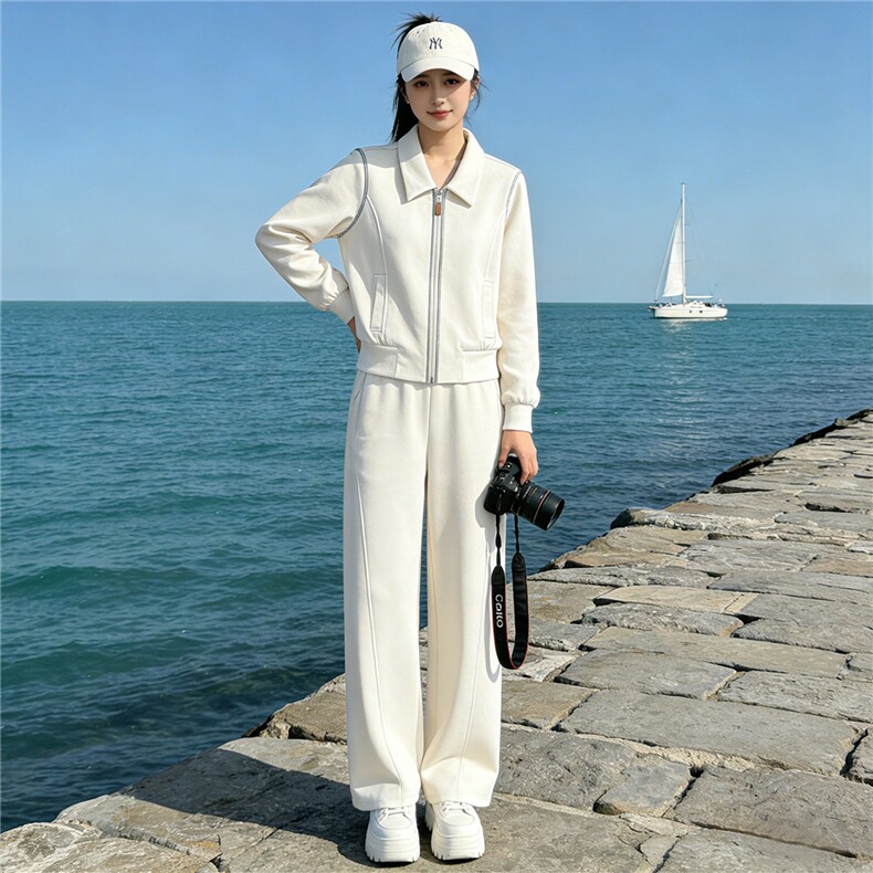 时尚减龄女春季气质休闲套装高级感杏色翻领开衫外套阔腿裤两件套,女装套装/套裙,江南