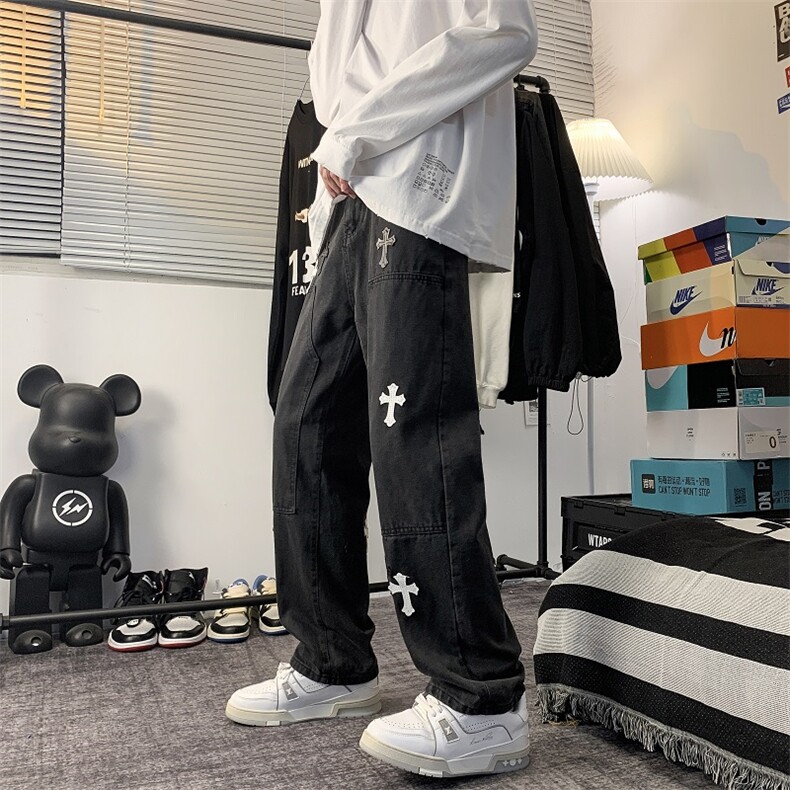 刺绣牛仔裤男ins高街宽松老爹裤春秋直筒阔腿裤N08807-P50,男装牛仔裤,星座308B-2