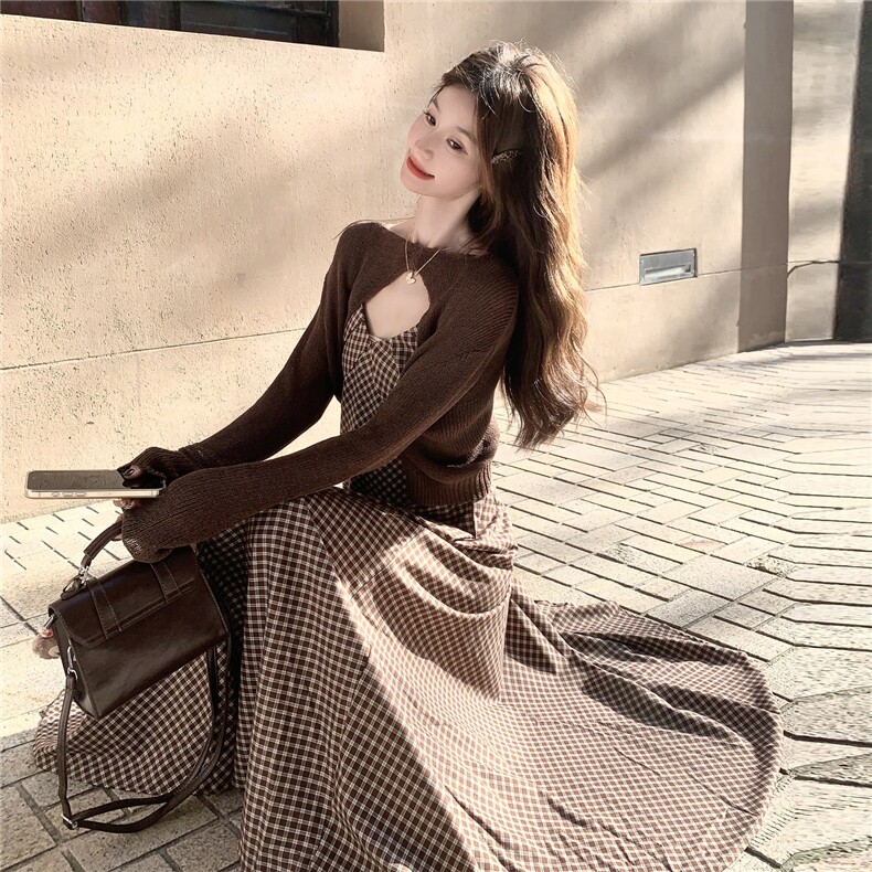 法式复古设计感格子裙女春秋小香风开衫连衣裙文艺气质叠穿两件套,女装连衣裙,2C166