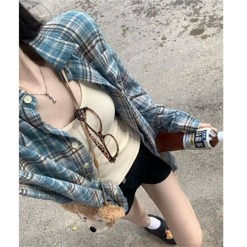 美式复古流苏破坏蓝色格子衬衫春秋潮牌小众毛边设计男女衬衣外套图片