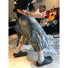 DKZ77HH-P50美式复古闪电纹七分牛仔阔腿裤男美式复古短裤，男装牛仔裤，星座1007（原301D）