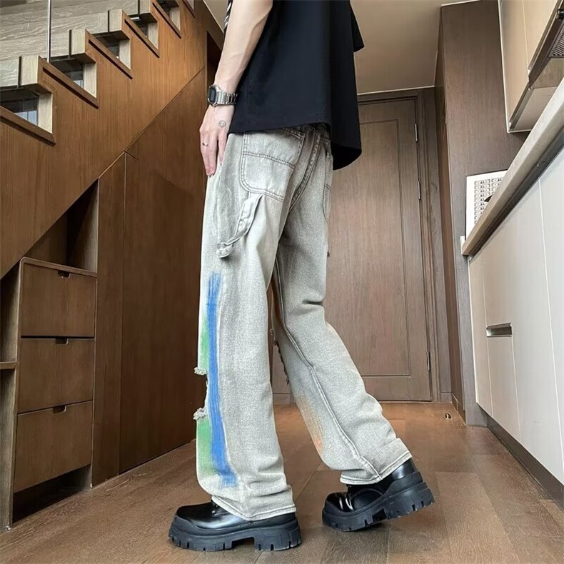 涂鸦水洗破洞牛仔裤男女高街欧美vibe工装扎染毛边微喇直筒裤,男装牛仔裤,星座410-6（原星座1304-1）