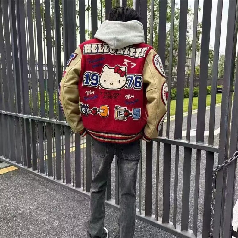 棉服美式复古凯蒂猫刺绣棒球服男女潮牌情侣宽松拼色夹克外套,男装夹克,星座506A