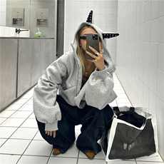 铆钉杜宾犬耳连帽卫衣女秋美式潮牌宽松慵懒外套上衣WB513-P64，女装短外套，星座412-3
