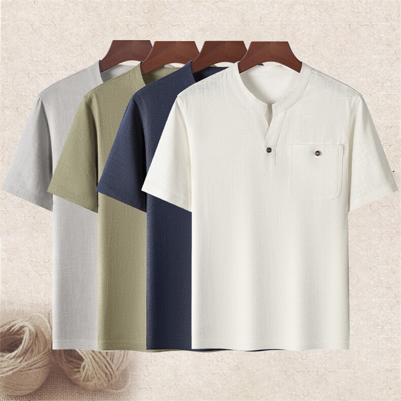 长年现货男士高品质风唐装中老年亚麻V领短袖中年棉麻T恤，男装T恤，钱塘723