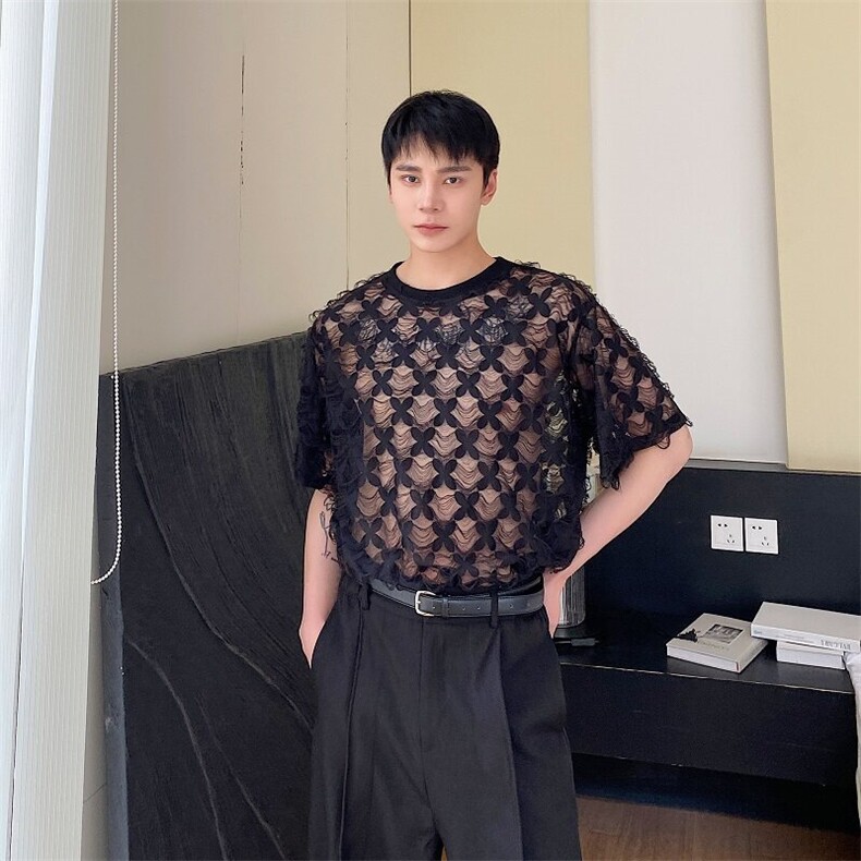 夏季男生新款圆领宽松小心机短袖镂空雕花T恤上衣潮A345-263-P60,男装T恤,电商A345