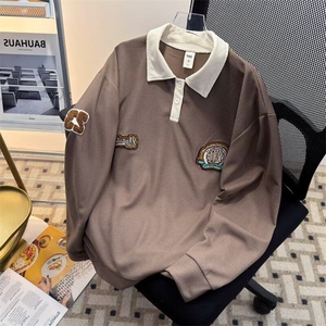 美式复古华夫格长袖polo衫卫衣男士潮牌街头宽松休闲情侣上衣图片