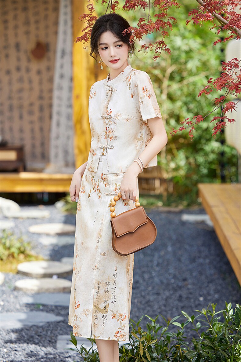 2024夏季新款新中式复古民族风短袖两件套优雅改良盘扣女装套装裙,女装套装/套裙,香莘料