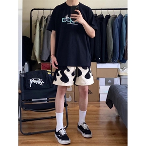黑白撞色火焰短裤男女夏季阔腿五分裤美式hiphop裤子GK16WW-特P30