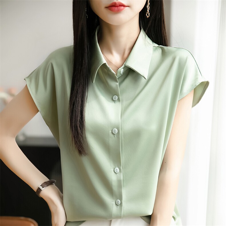 高端缎面衬衣长袖开衫女春秋新款POLO领气质上衣简约宽松衬衫,女装T恤,佳绒包芯纱店